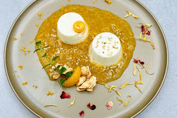 Holunderblüten Panna Cotta mit Mandarinensoße